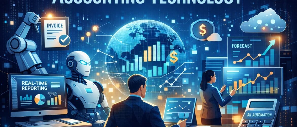 AI in accounting showing automation, real-time reporting, predictive analytics, and smart financial technology systems