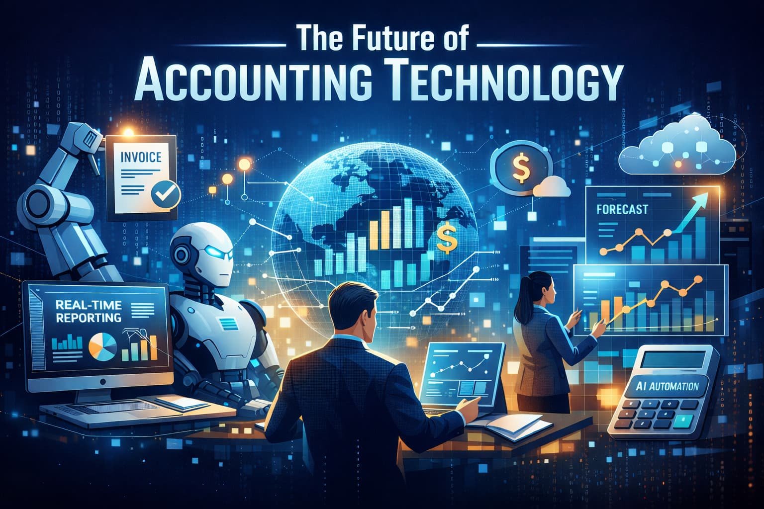AI in accounting showing automation, real-time reporting, predictive analytics, and smart financial technology systems