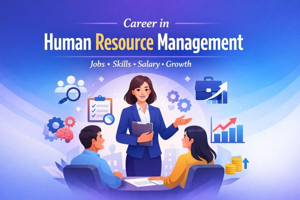 career in human resource management concept with HR manager, team, and workplace icons