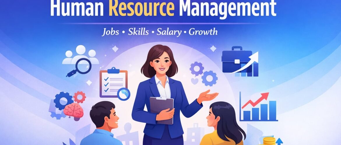 career in human resource management concept with HR manager, team, and workplace icons