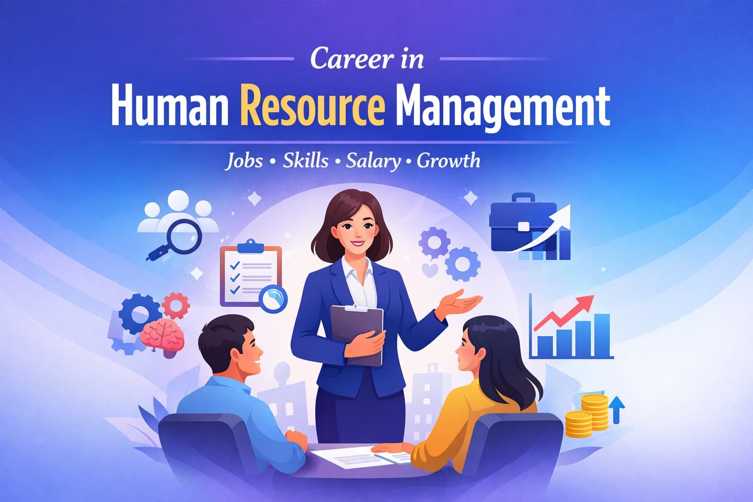 career in human resource management concept with HR manager, team, and workplace icons