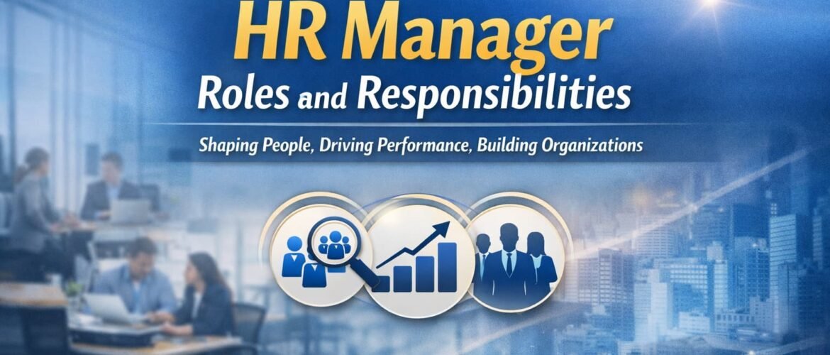 HR manager roles and responsibilities concept with team management and business growth icons