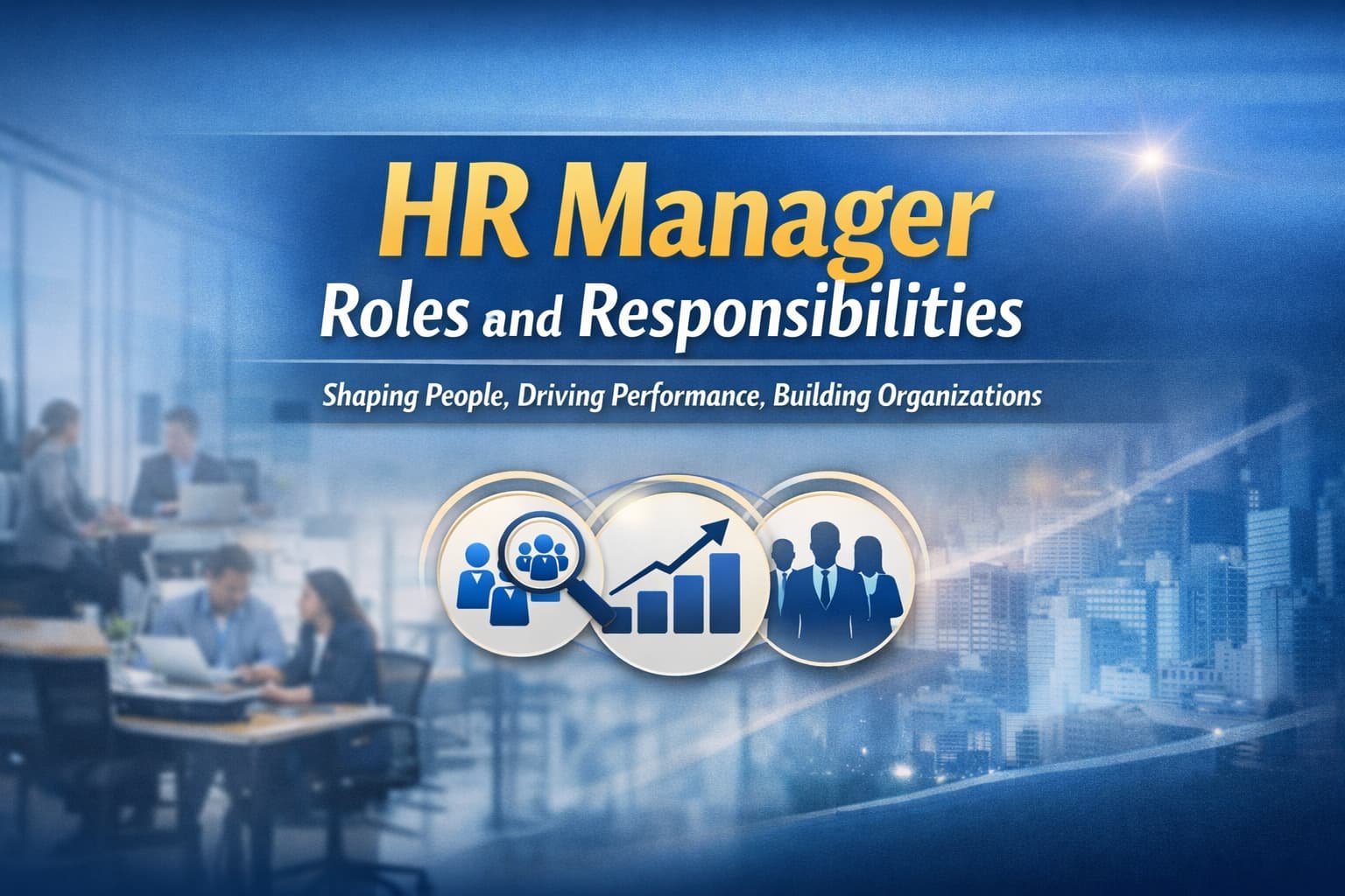 HR manager roles and responsibilities concept with team management and business growth icons