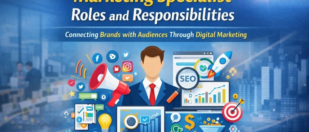 how to become a marketing specialist roles and responsibilities with digital marketing tools and strategy icons