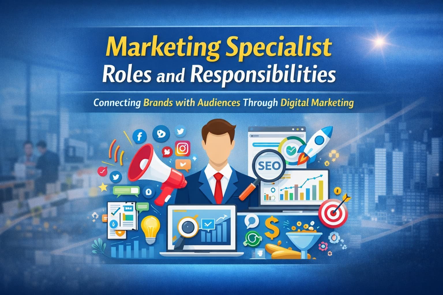 how to become a marketing specialist roles and responsibilities with digital marketing tools and strategy icons