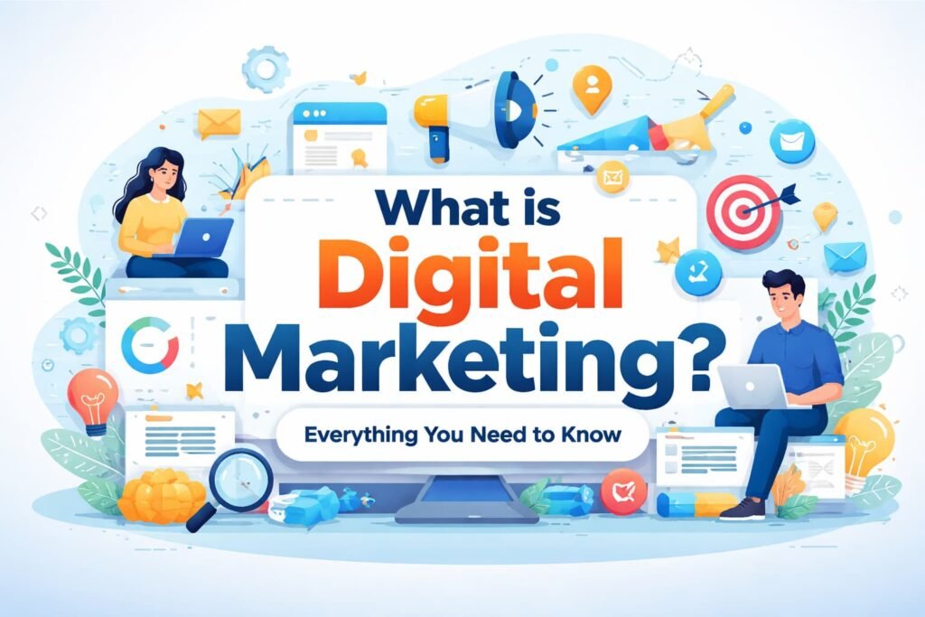 what is digital marketing concept with SEO, social media, and online marketing elements
