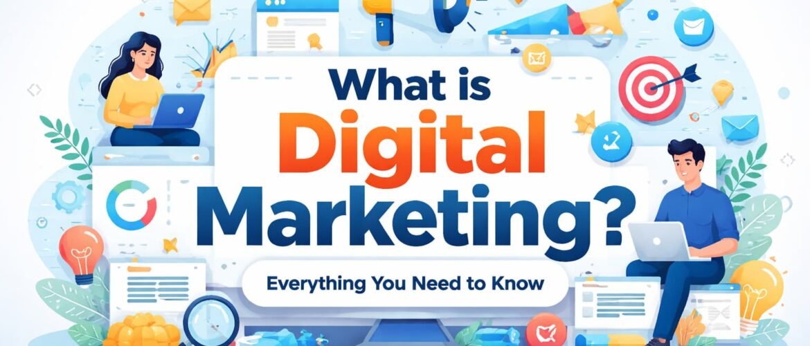 what is digital marketing concept with SEO, social media, and online marketing elements